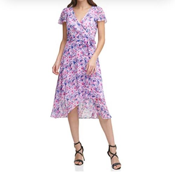New! DKNY Flutter Sleeve Surplice Neckline Dress Sz 2 - Picture 1 of 6